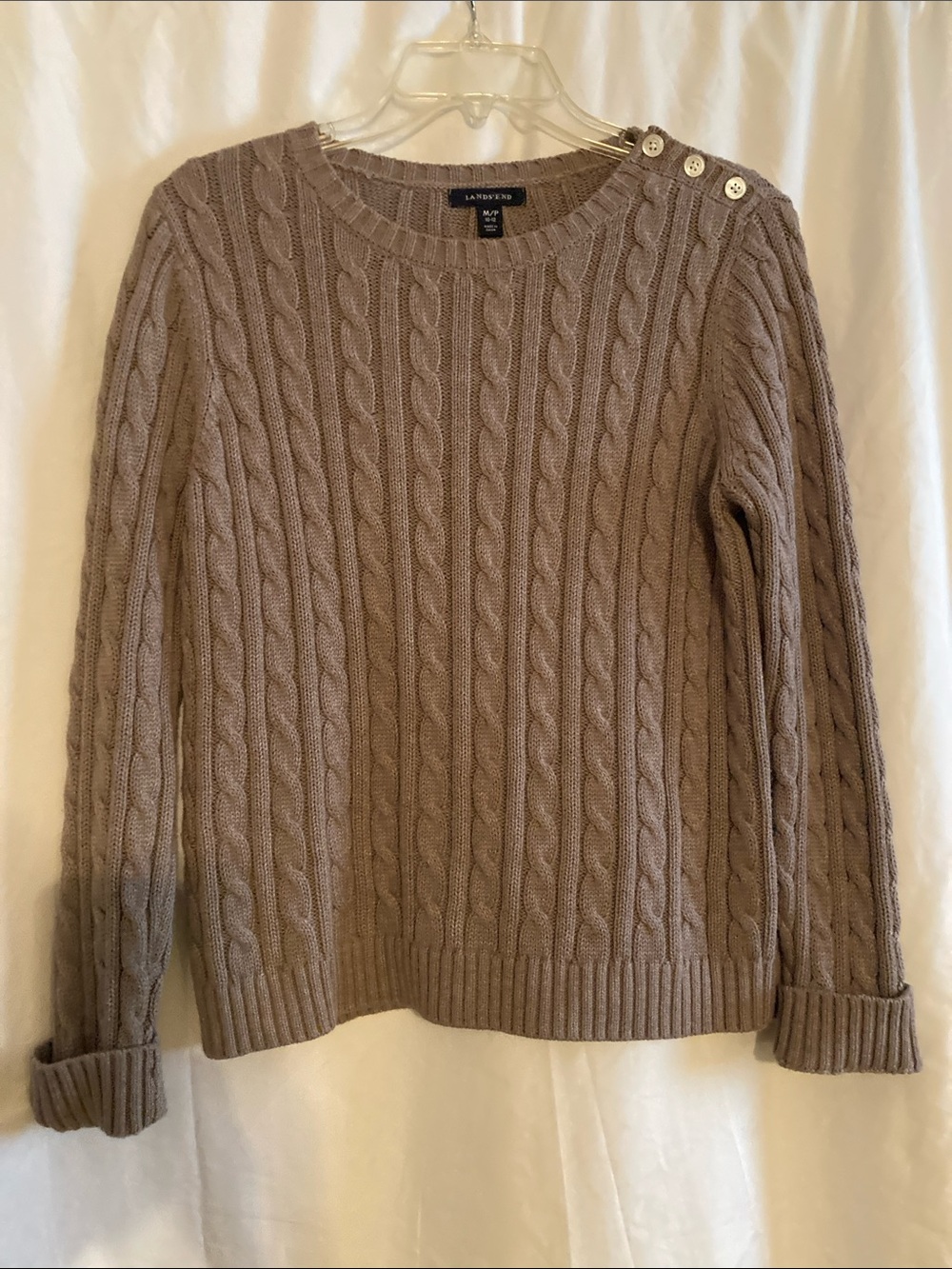 Lands End Taupe Cable Knit Crewneck Sweater with Shoulder Buttons size M/P
